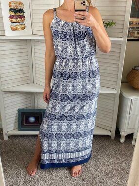 AB Studio Navy blue and white maxi dress Blouson Top elastic waist